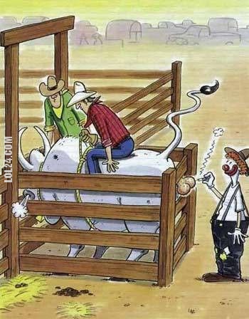 Смішний малюнок про родео. На родео ковбой сів на бика і готується, що його випустять із загону. В цей час клоун загасив цигарку об яйця бика.