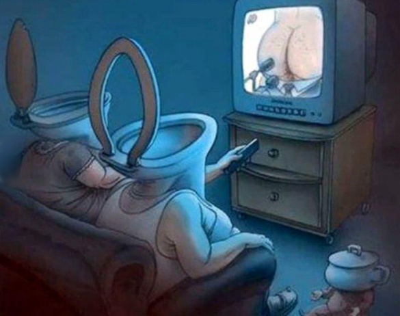 Карикатура про олігархічне телебачення. Олігарх-TV По ящику показують дупу, а в людей, що його дивляться, замість голів унітази