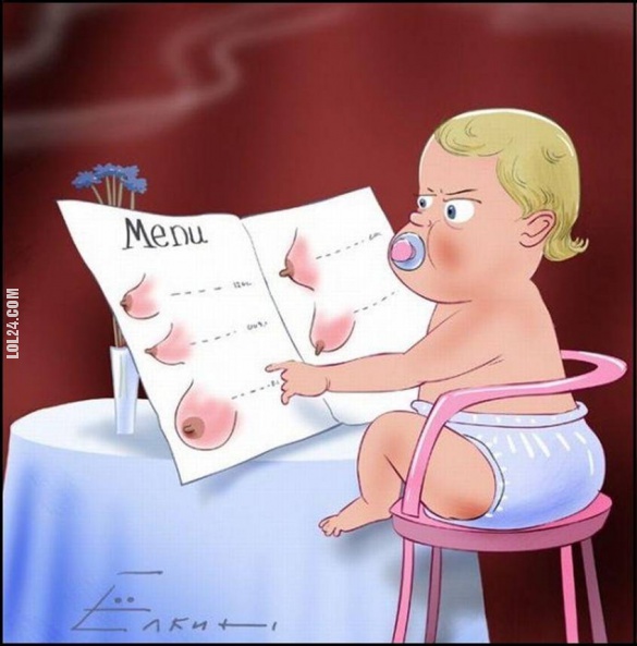 Смішний малюнок Немовля в ресторані. Немовля дивиться в меню і вибирає підходящу цицьочку для грудного вигодовування