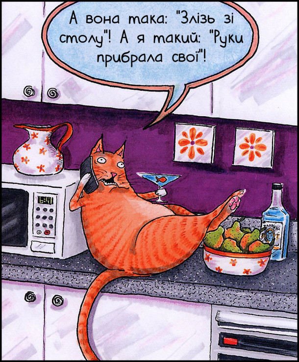 Смішний малюнок про кота. Гладкий котяра розвалився на кухонному столі і балакає по телефону: - А вона така: "Злізь зі столу"! А я такий: "Руки прибрала свої"!