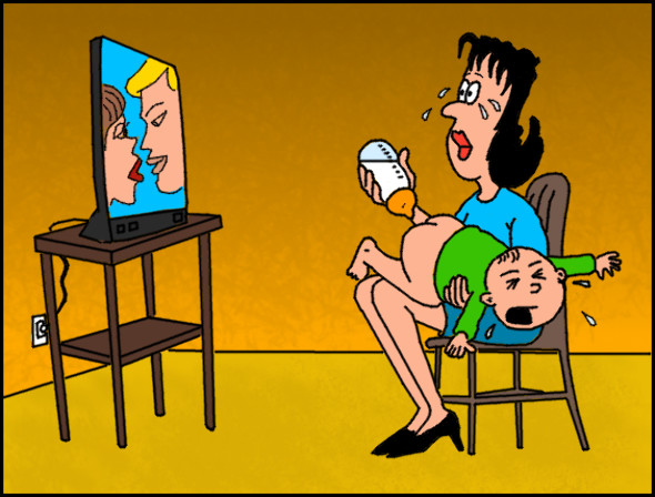 Матуся дивиться серіал і годує малюка молоком з сосочки. Але так захопилась серіалом, що не бачить, що соску запихає малому в дупцю, а не в рот
