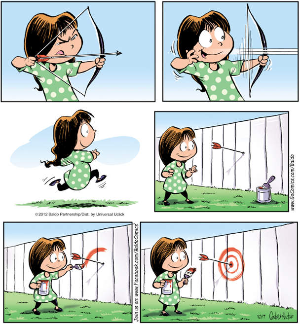 Маленька дівчинка стріляє з лука, але робить це нестандартно: спочатку влучає стрілою, а потім малює в місці влучення мішень