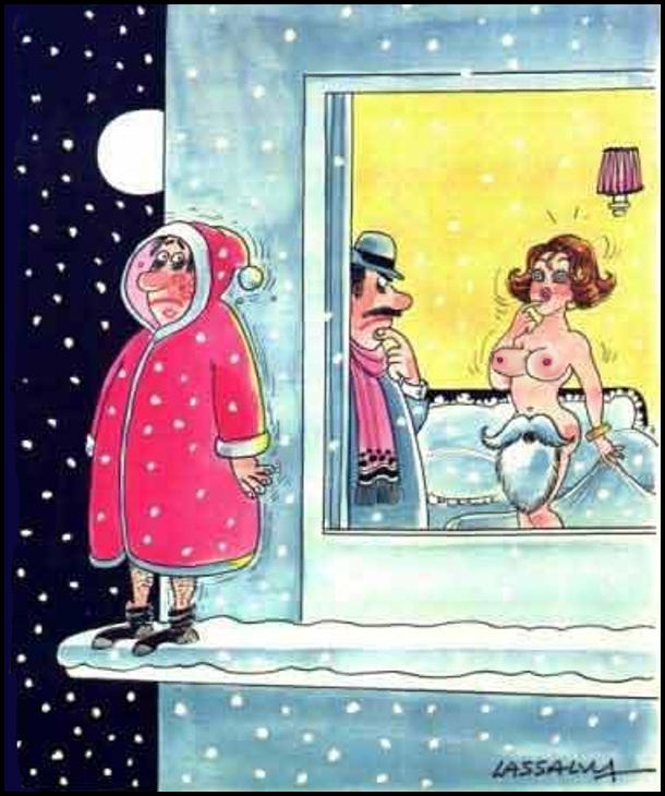 Чоловік раніше прийшов додому, а дружина гола, тільки замість трусів борода і вуса Санта-Клауса (а сам він зачаївся за вікном)