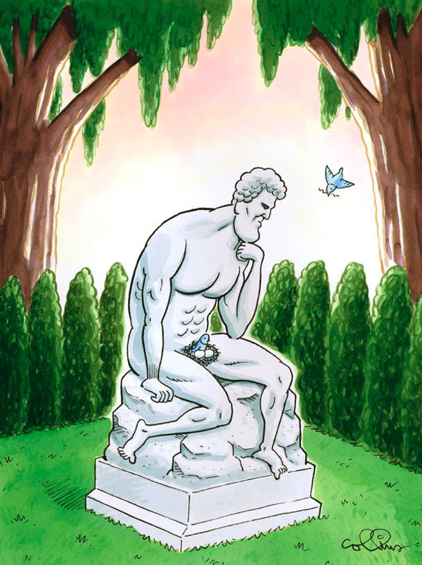 В парку статуя оголеного чоловіка в задумливій позі. В області паху пташки звили гніздо в якому лежить два яйця і сидить пташка