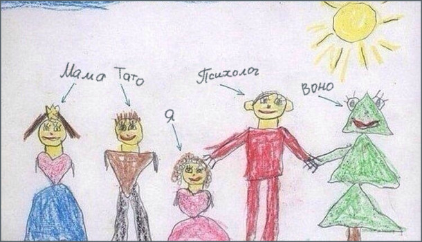 Смішний Дитячий малюнок Моя сім'я. Намаловані: Мама, тато, я, психолог і Воно (якесь чудисько, схоже на ялинку)