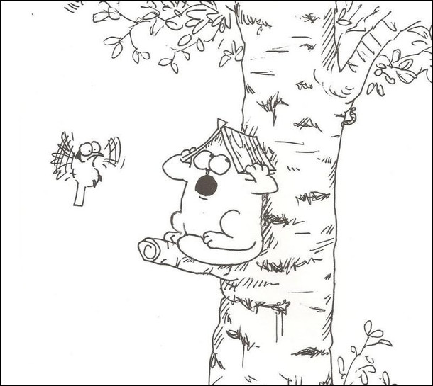 Кіт Саймона сів на дерево і замаскувався під шпаківню. Відкрив рота, неначе це вхід. Пташка підлетіла і з підозрою на це дивиться