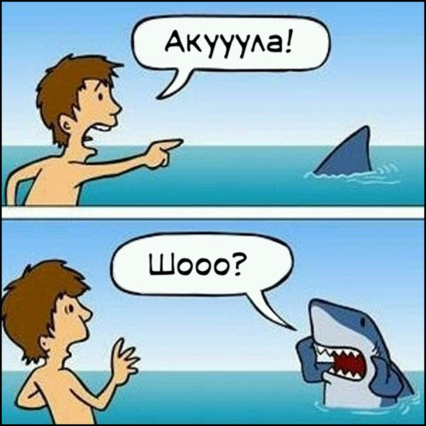 На пляжі чоловік побачив гребіть акули. Кричить: - Акууула! Акула винирнула, кричить: - Шооо?