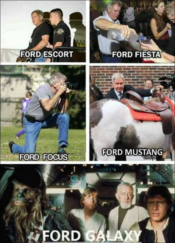 Гаррісон Форд в різних образах. Ford Escort, Ford Fiesta, Ford Focus, Ford Mustang, Ford Galaxy