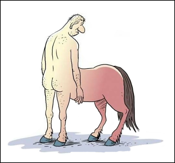 Смішний малюнок Кентавр, в якого людська частина обернена до кінської дупи