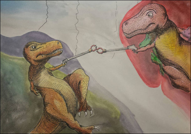Створення тиранозавра. Ремейк на відому картину Мікеланджело "Створення Адама". В тиранозаврів в руках подовжувачі (бо лапи куці)