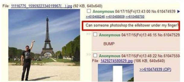 Турист в Парижі зробив невдале фото: хотів, щоб це було ніби він торкається рукою вершини Ейфелевої вежі, але фотограф не зрозумів задуму...
