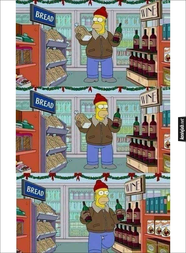 Прикол про Гомера Сімпсона. Гомер в магазині стоїть біля двох стелажів. На одному написано "Bread" (хліб), а на іншому - "Wine" (вино). Гомер тримає в руках хліб і вино і роздумує, що взяти. Зрештою він взяв дві пляшки вина і пішов