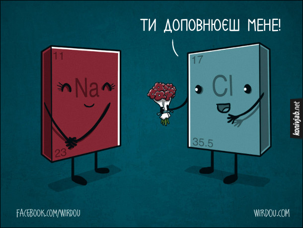 Смішний малюнок про хімію. Смішна хімія. Хлор підійшов до натрію з букетів квітів і каже: - Ти доповнюєш мене! Натрій зашарілася