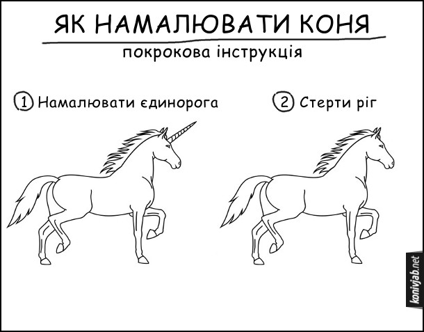 Жарт Як намалювати коня. Покрокова інструкція. 1. Намалювати єдинорога. 2. Стерти ріг