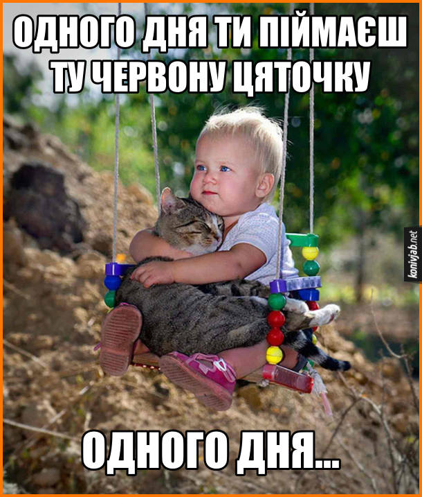 Смішне фото Дитина і кіт. Малюк на гойдалці тримає на руках кота і заспокоює його: - Одного дня ти піймаєш ту червону цяточку. Одного дня...