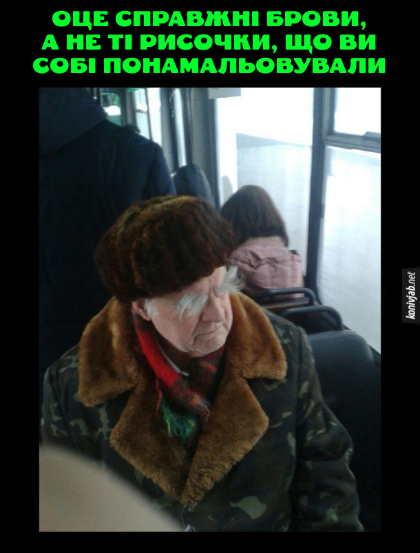 Жарт про брови. В громадському транспорті сидить дід з великими кошлатими бровами. Оце справжні брови, а не ті рисочки, що ви собі понамальовували