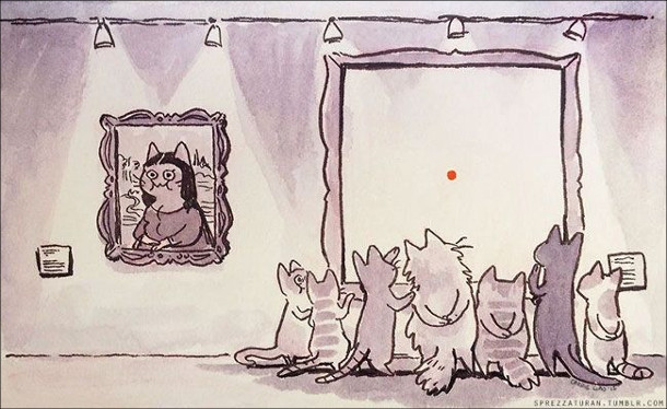 Смішний малюнок. Коти в музеї дивляться лише на одну картину - де зображена червона цяточка