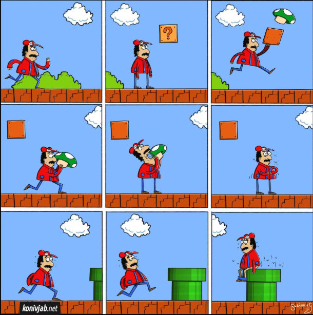 Смішний комікс про Маріо з комп'ютерної гри. Маріо вибиває гриба, з'їдає його, потім в нього срачка і він біжить і сідає срати на трубу