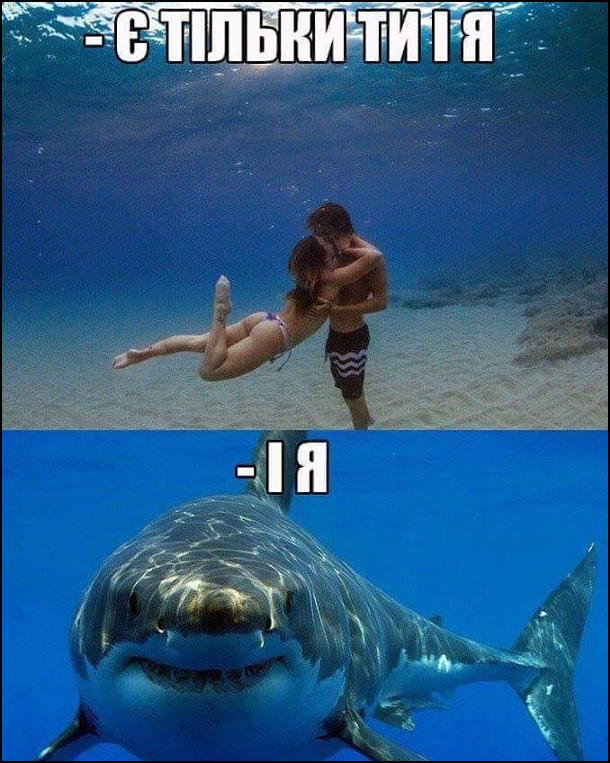 Романтика під водою. Хлопець і дівчина обіймаються під водою: - Є тільки ти і я. Підпливає акула: - І я