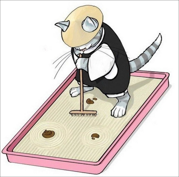 Жарт про котячий лоток. Кіт в японському одязі загрібає пісок лотку, щоб зробити щось на зразок саду камінців,з какунцями в якості каміння