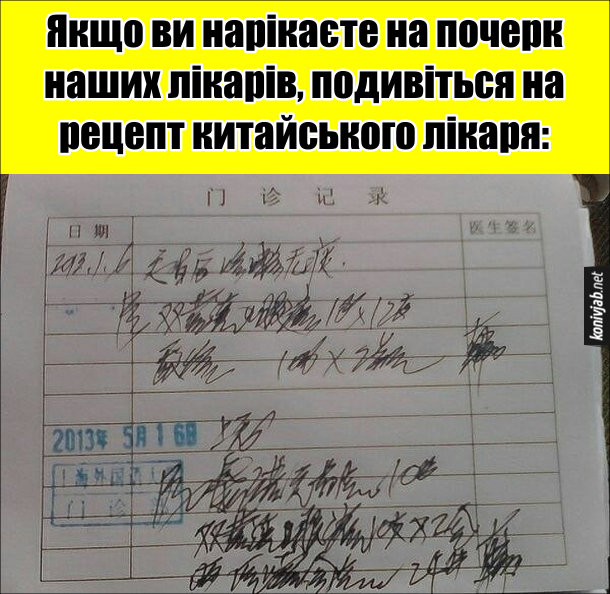 Почерк китайського лікаря. Якщо ви нарікаєте на почерк наших лікарів, подивіться на рецепт китайського лікаря