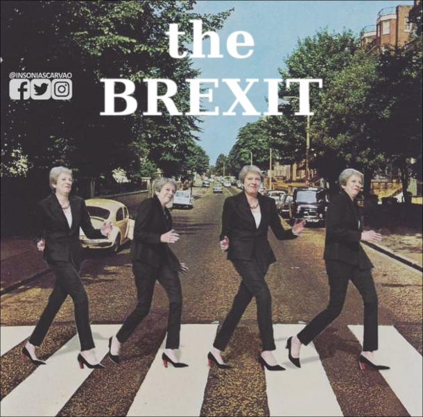 Мем про Брекзит. Дивний танок Терези Мей на вулиці Еббі Роуд. Ніби обкладинка гурту The Beatles "Abbey Road"
