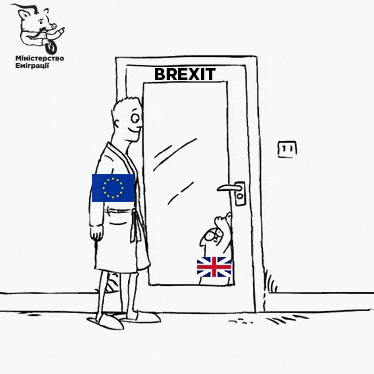 Гіфка про Брекзит. Кіт (Велика Британія) проситься у двері брекзиту. Господар (Євросоюз) відчиняє двері, а кіт став на порозі й не йде