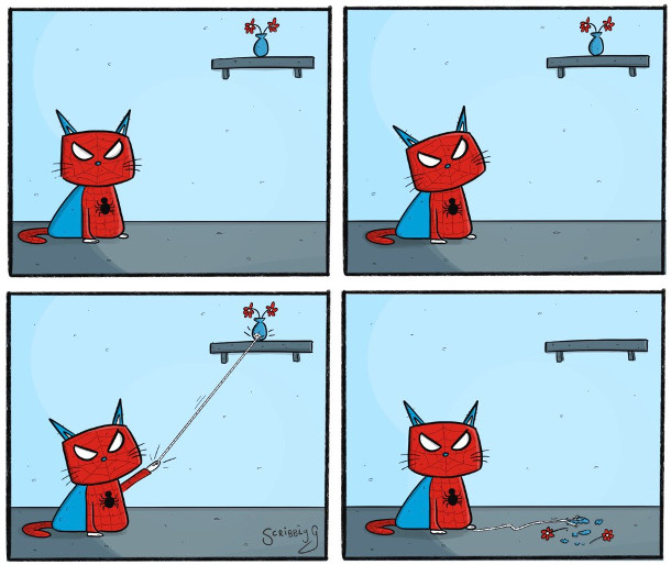 Супергерой Кіт-Павук, який пускає з руки павутиння і скидає з полички вазу