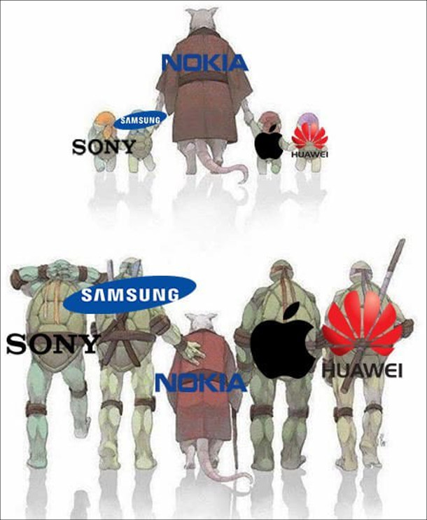 Мем про Nokia. Сплінтер (Nokia) веде маленьких черепашок-ніндзя (Sony, Samsung, Apple, Huawei). А потім черепашки ніндзя виросли і стали більшими за Сплінтера