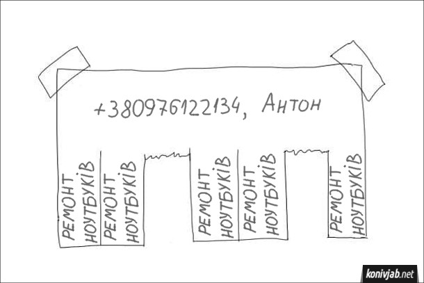 Прикол Паперове оголошення, де написаний номер телефона і ім'я Антон, а на відривних клаптиках надписи "Ремонт ноутбуків"