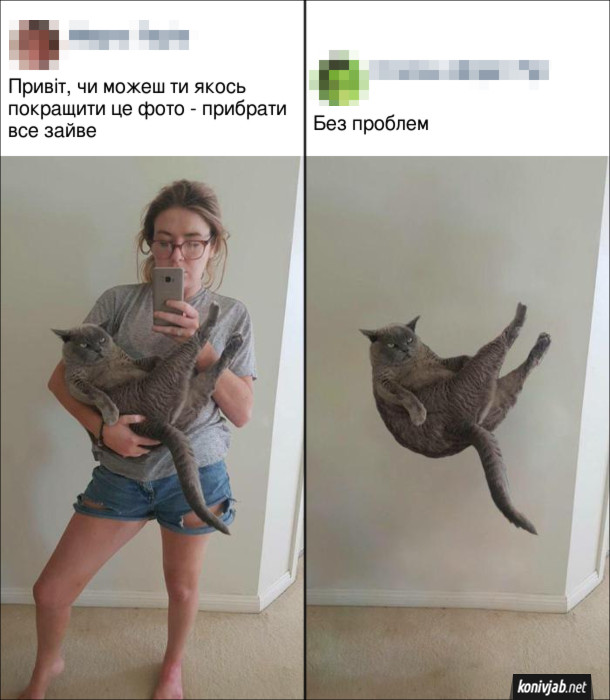 Смішний фотошоп з котом. Дівчина надіслала своє селфі з котом до фотошопера із проханням: "Привіт, чи можеш ти якось покращити це фото - прибрати все зайве". Фотошопер: "Без проблем" і надіслав фото, де дівчини нема, а лише її кіт