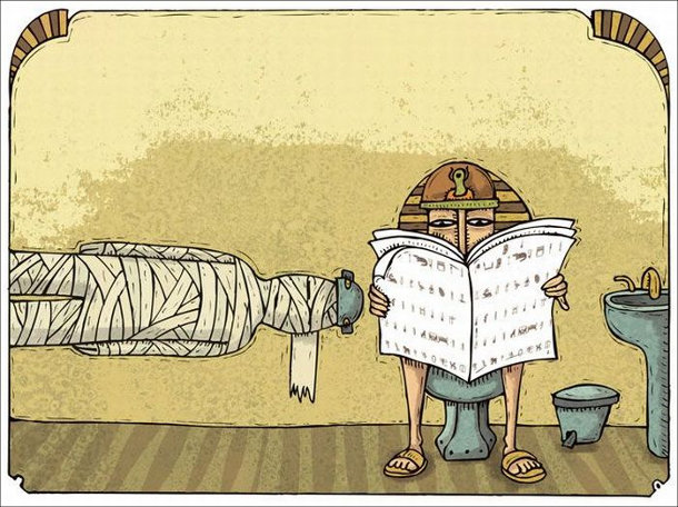 Смішний малюнок. Туалет в Стародавньому Єгипті. Замість туалетного паперу - мумія