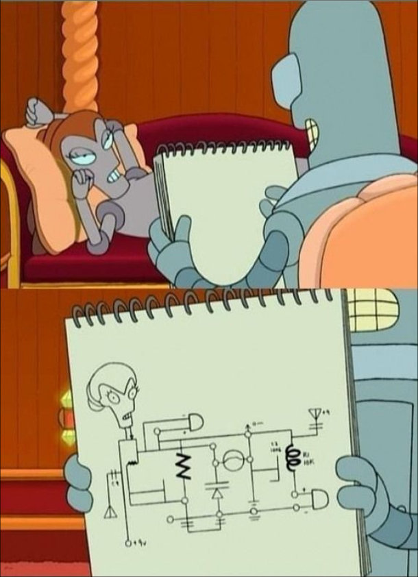 Смішний епізод з Футурами. Бендер (пародія епізоду з "Титаніка") малює роботиху, що позує йому, лежачи на канапі. Намалював дуже відверто - саму електросхему