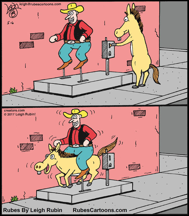 Смішний малюнок про коня. Кінь прийшов покататись на атракціоні, де вершник-ковбой без коня. Кинув монетку, заліз під вершника і катається