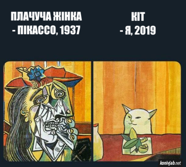 Мистецький мем. Плачуча жінка - Пікассо, 1937 рік. Кіт - Я, 2019 рік. 
