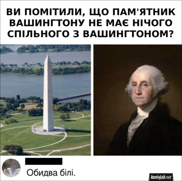 Прикол Монумент Вашингтона. Ви помітили, що пам'ятник вашингтону не має нічого спільного з вашингтоном. Коментар: Обидва білі.