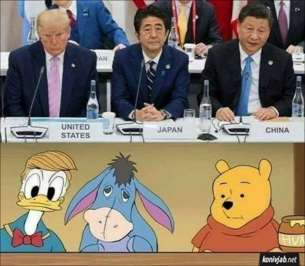 Прикол Світові лідери - Дональд Трамп (США), Сіндзо Абе (Японія), Сі Цзіньпін (Китай) - схожі на діснеєвських героїв Дональда Дака, Віслюка і Вінні Пуха