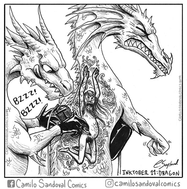 Смішний малюнок про драконів. Один дракон робить татуювання іншому -малює оголеного чоловіка