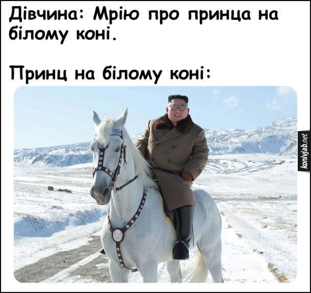 Дівчина: Мрію про принца на білому коні. Принц на білому коні: Кім Чен Ин на коні