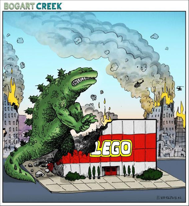Смішний малюнок про Ґодзіллу. Ґодзілла руйнує місто. Коли почав руйнувати магазин LEGO, то болісно наступив на кубик лего