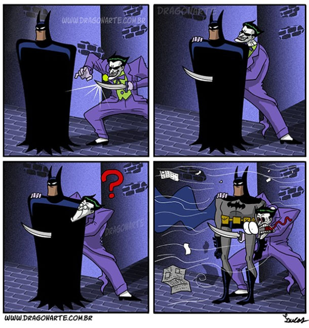 Прикол Джокер і Бетмен. Смішний комікс про те, як Джокер намагався проштрихнути Бетмена ножем