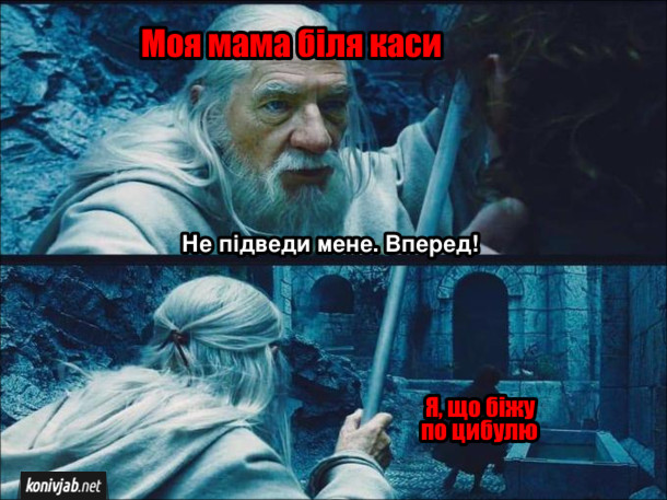 Мем З мамою в супермаркеті. Моя мама біля каси: - Не підведи мене. Вперед! Я, що біжу по цибулю. Кадри з Володаря Перстнів