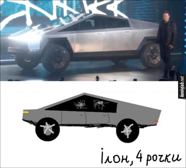 Мем про Cybertruck. Автомобіль Сайбертрак Ілона Маска схожий на дитячий малюнок. Під малюнком підпис "Ілон, 4 рочки"