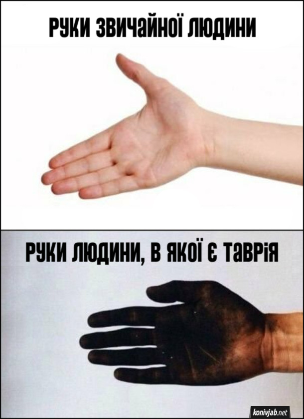 Жарт про Таврію. Руки звичайної людини (нормальні) і руки людини, в якої є таврія (брудні, всі в мастилі)
