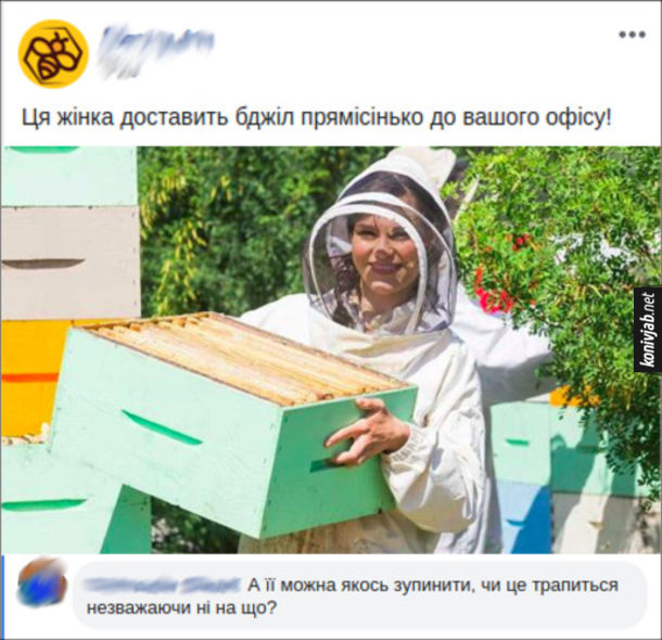 Прикол Доставка бджіл. В фейсбуці реклама "Ця жінка доставить бджіл прямісінько до вашого офісу!" Коментар: "А її можна якось зупинити, чи це трапиться незважаючи ні на що?"