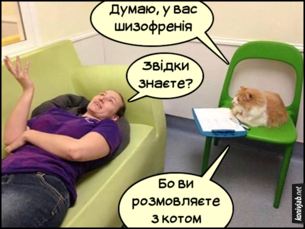 Мем Кіт психоаналітик. Кіт: - Думаю, у вас шизофренія. Пацієнтка: - Звідки знаєте? Кіт: - Бо ви розмовляєте з котом