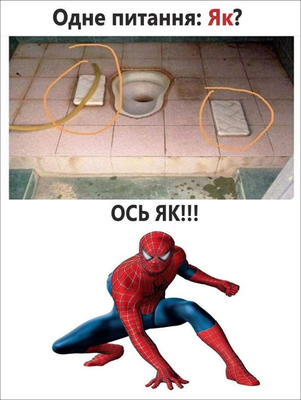 Прикол Громадський туалет, де незрозуміло, як на ньому примоститися. Одне питання: Як? Спайдермен: Ось як!!!