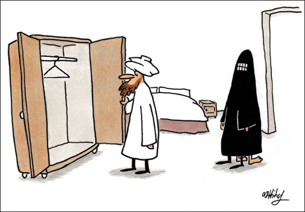 Смішний малюнок Чоловік мусульманин повернувся з відрядження і заглядає до шафи - чи бодай не сховався коханець. А коханець сховався під хіджабом дружини
