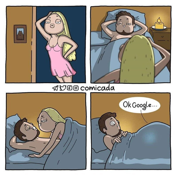 Смішний комікс про секс. Дівчина з хлопцем в ліжку. Дівчина залізна під ковдру і звідти чутно: - Ok Google... (шукає в інтернеті як робити мінет)