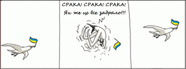 Мем про Україну. Летить чайка, тримаючи в дзьобі українського прапора. Потім істерично як закричить: "Срака! Срака! Срака! Як це все задрало!!!" А потім летить далі